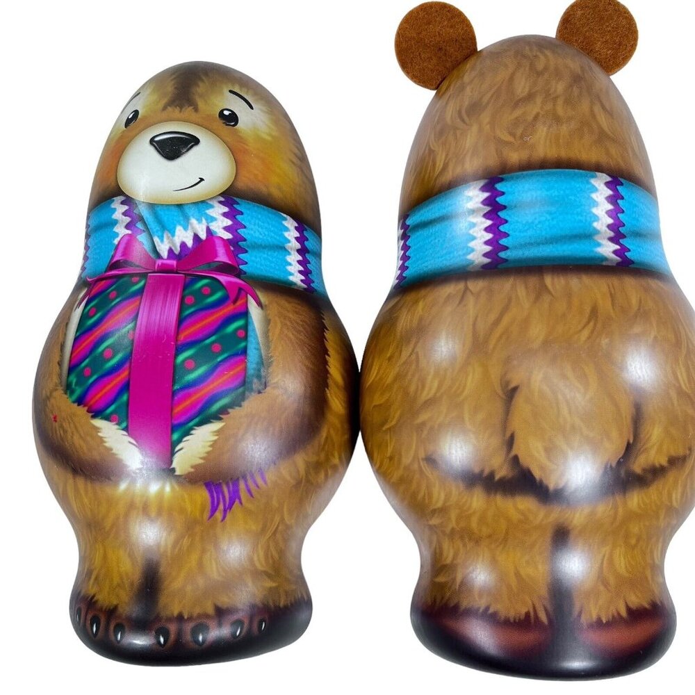 Teddy Bear Tin 10" Tall Felt Ears Decorative Candy Box Metal Gift Container - Picture 3 of 8